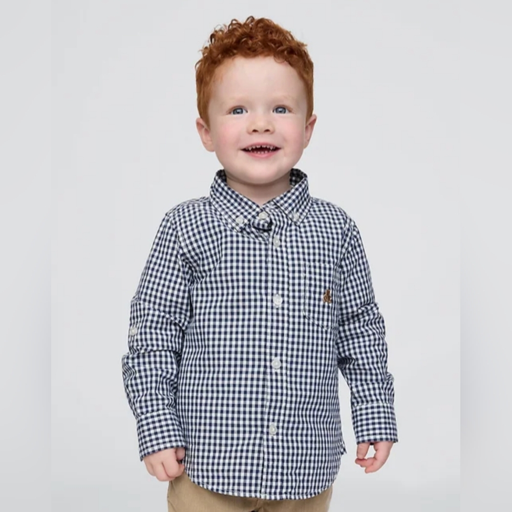EUC Baby Gap Toddler Boy Navy Blue Gingham Poplin Oxford Shirt